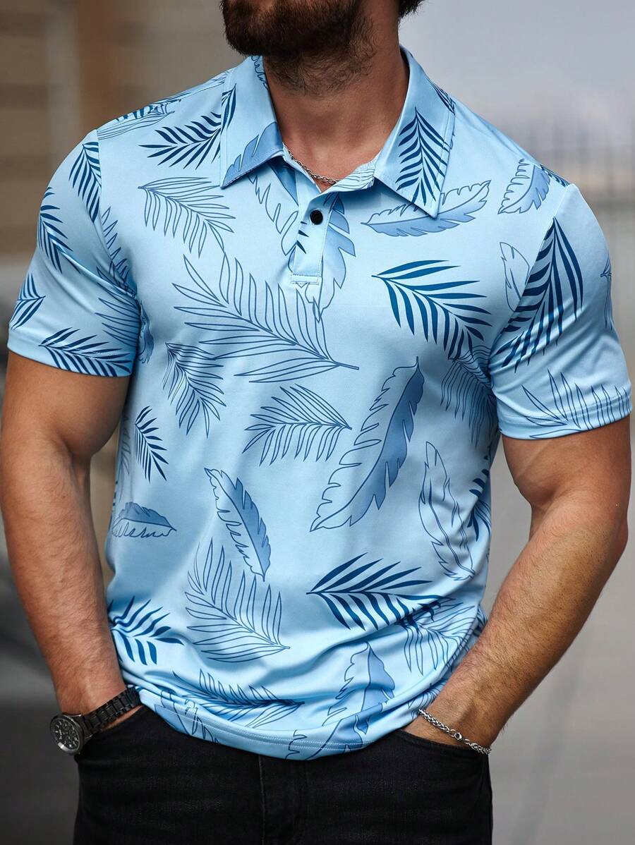 Manfinity Homme Men's Casual Botanical Print Short Sleeve Polo Shirt