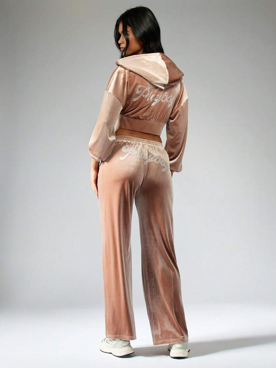 Missguided x Playboy X Velvet Rhinestone Sweatpants Joggers Loungewear Athletic Pants Soft Plush Cozy Fall Winter Tracksuit Bottoms Athleisure Workout
