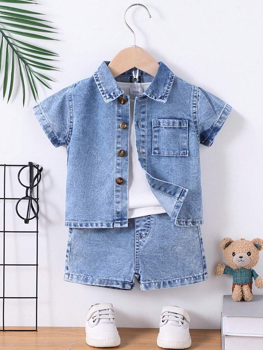 SHEIN Ensemble décontracté d'été pour bébé garçon, jeans bleu clair délavé