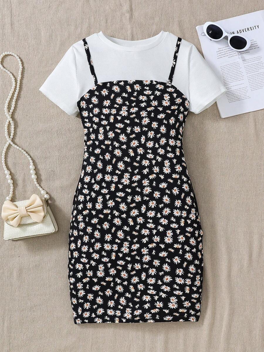 SHEIN Teen Girls White Knit Ribbed Splice Black Daisy Ditsy Floral Sleeveless 2 In 1 Dress, Suitable For Casual, Vacation And Outing