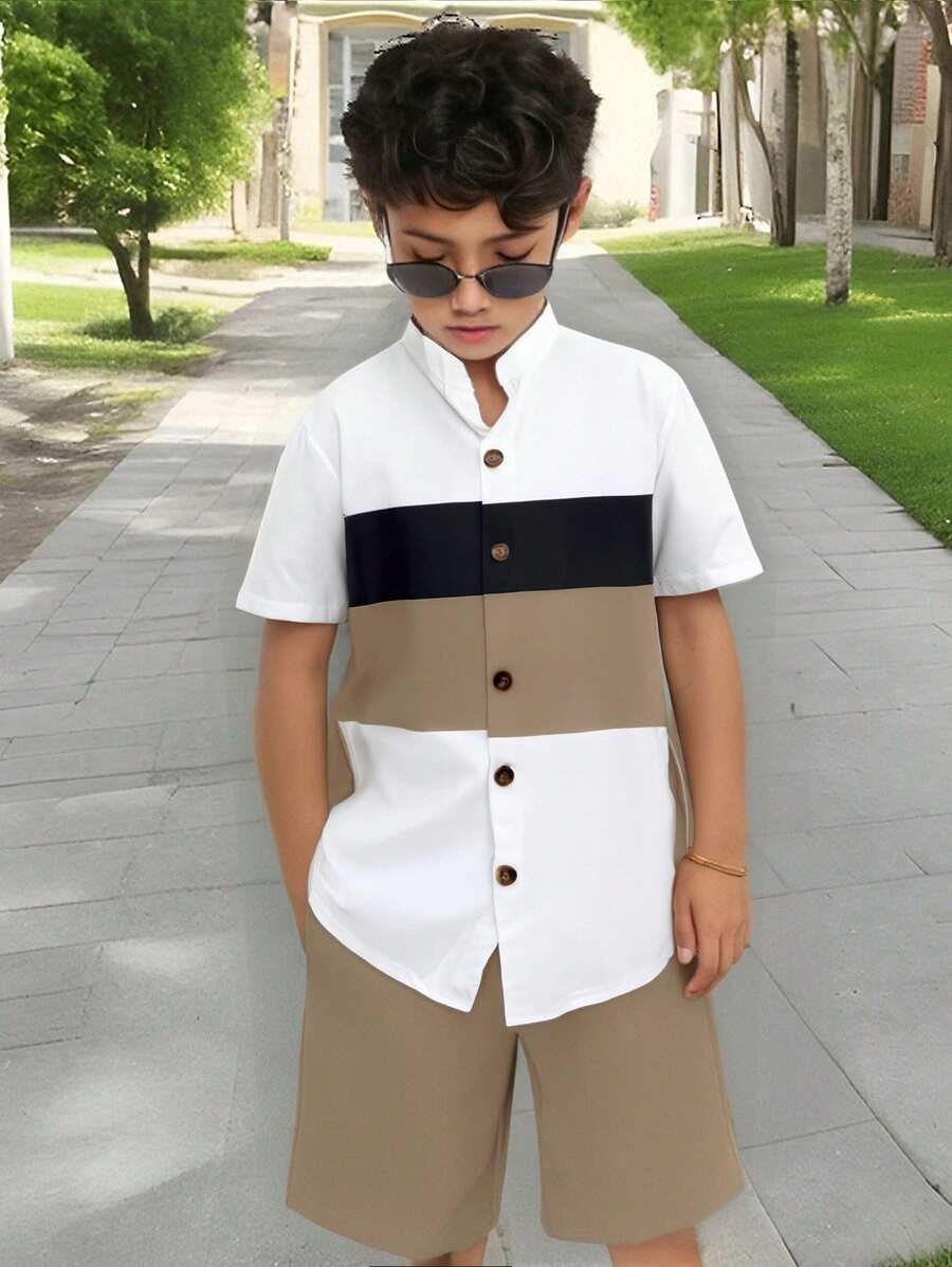 SHEIN 2pcs/Set Tween Boy Collegiate Style Color Block Shirt And Shorts Set