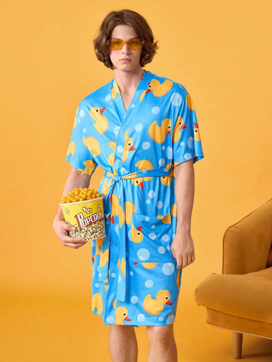 Happy Jammies Bata ligera con estampado de pato amarillo lindo, de manga corta, adecuada para primavera y verano