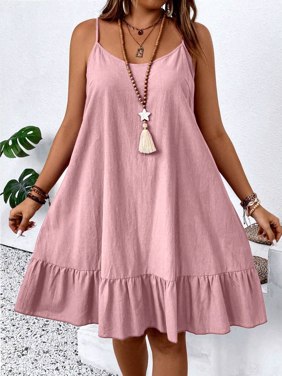 EMERY ROSE Plus Size Women Solid Ruffles Hem Casual Sleeveless Dress