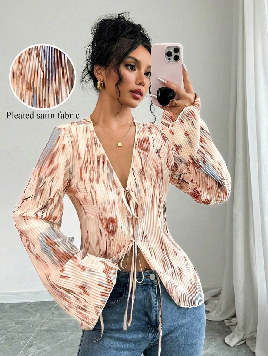 Calvaya Women's Spring Autumn Pleated Tie-Dye Fabric Front Tie Fashion Blouse Women Shirt,Long Sleeve Tops