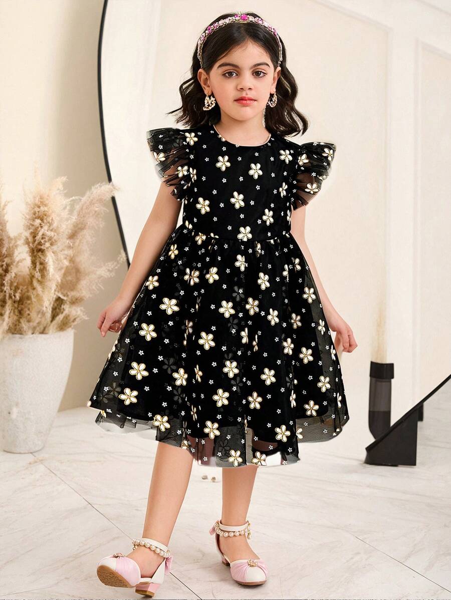 SHEIN Young Girl's Elegant Floral Print Round Neck Cap Sleeve Mesh Overlay Dress
