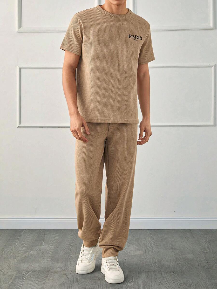 RueChic Ensemble de t-shirts réguliers pour hommes en tissu gaufré avec broderie de lettres