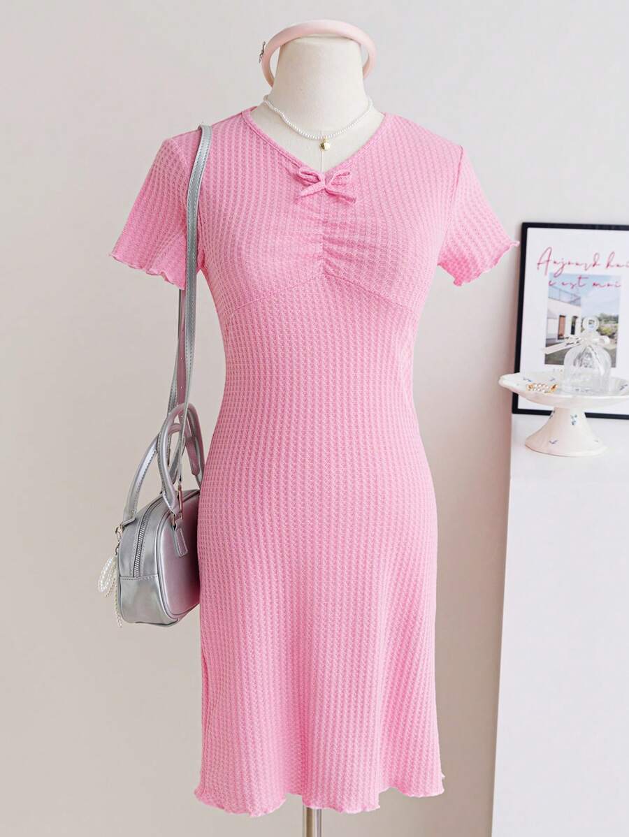 Wildeya Tween-Mädchen Kleid, elegantes, süßes, kurzärmliges Minikleid aus Strick mit Schleife, rosa Kleid, geeignet für Sommer und Frühling, passend für Party und Urlaub