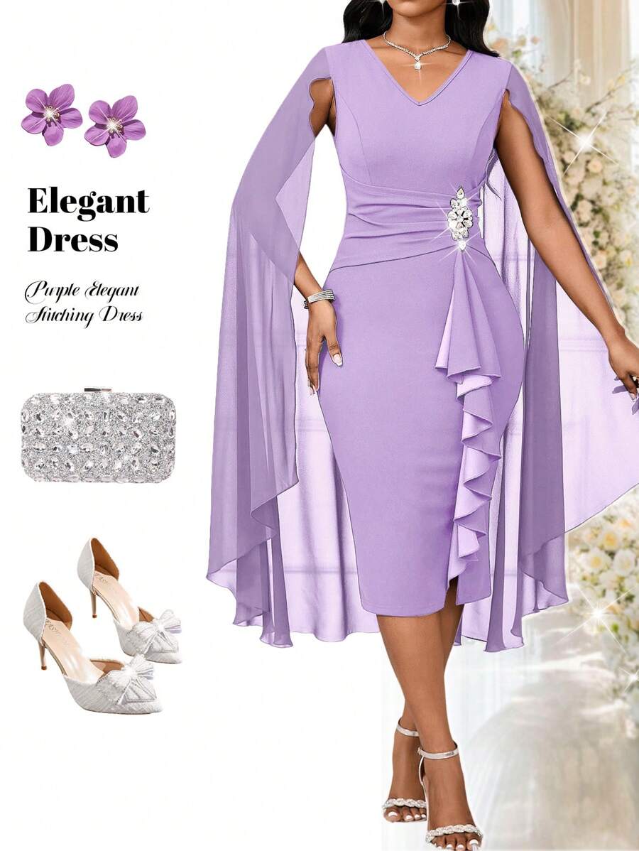 SHEIN Lady Vestido de noche formal elegante con capa estructurada y transparente de color azul para mujeres, vestido azul para otoño y todas las estaciones, vestido azul real y azul sexy para mujeres