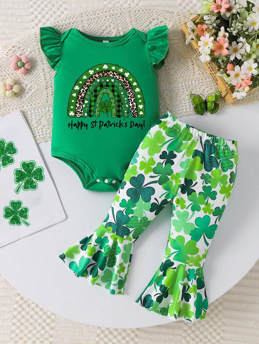 2 pièces Barboteuse fille à manches courtes style minimaliste avec imprimé arc-en-ciel, léopard, trèfle chanceux et lettres et pantalon évasé imprimé, convient pour la Saint-Patrick, l'été