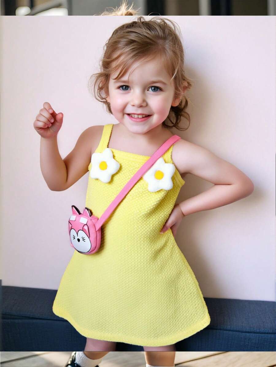 Vestido de verano en tela texturizada de color mostaza con flores bordadas, adecuado para uso al aire libre, para niña bebé