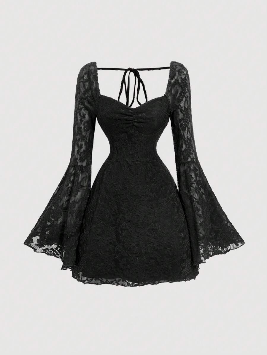 SHEIN MOD Vrouwen Zwarte Kant Jacquard Flare Mouw Korte Breijurk, Nieuwjaars Vrouwenjurk