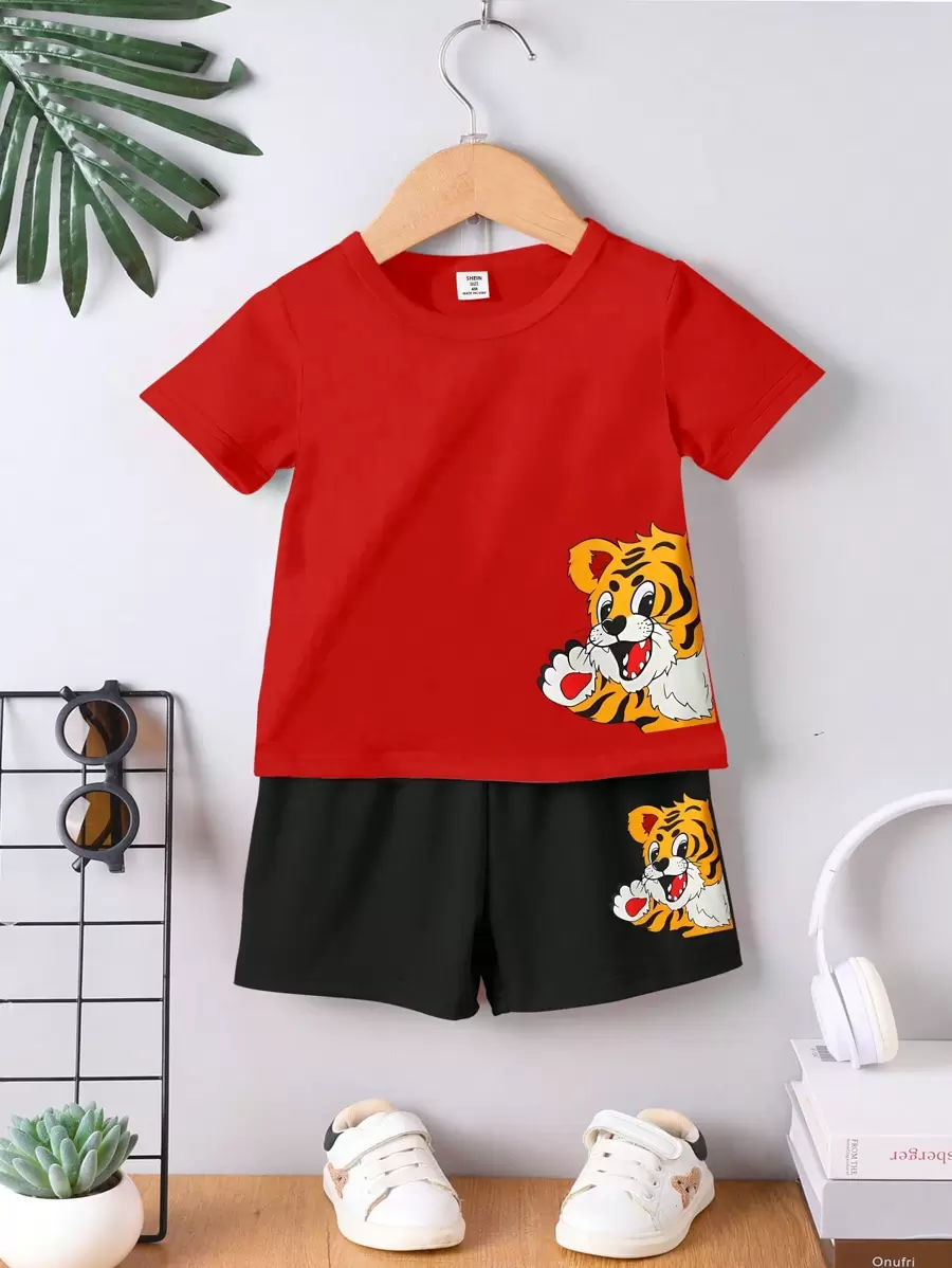 Young Boy 2buc Imprimeu Tigru Gât Rotund Tricotat Set Casual, Potrivit pentru Primavara Si Vara