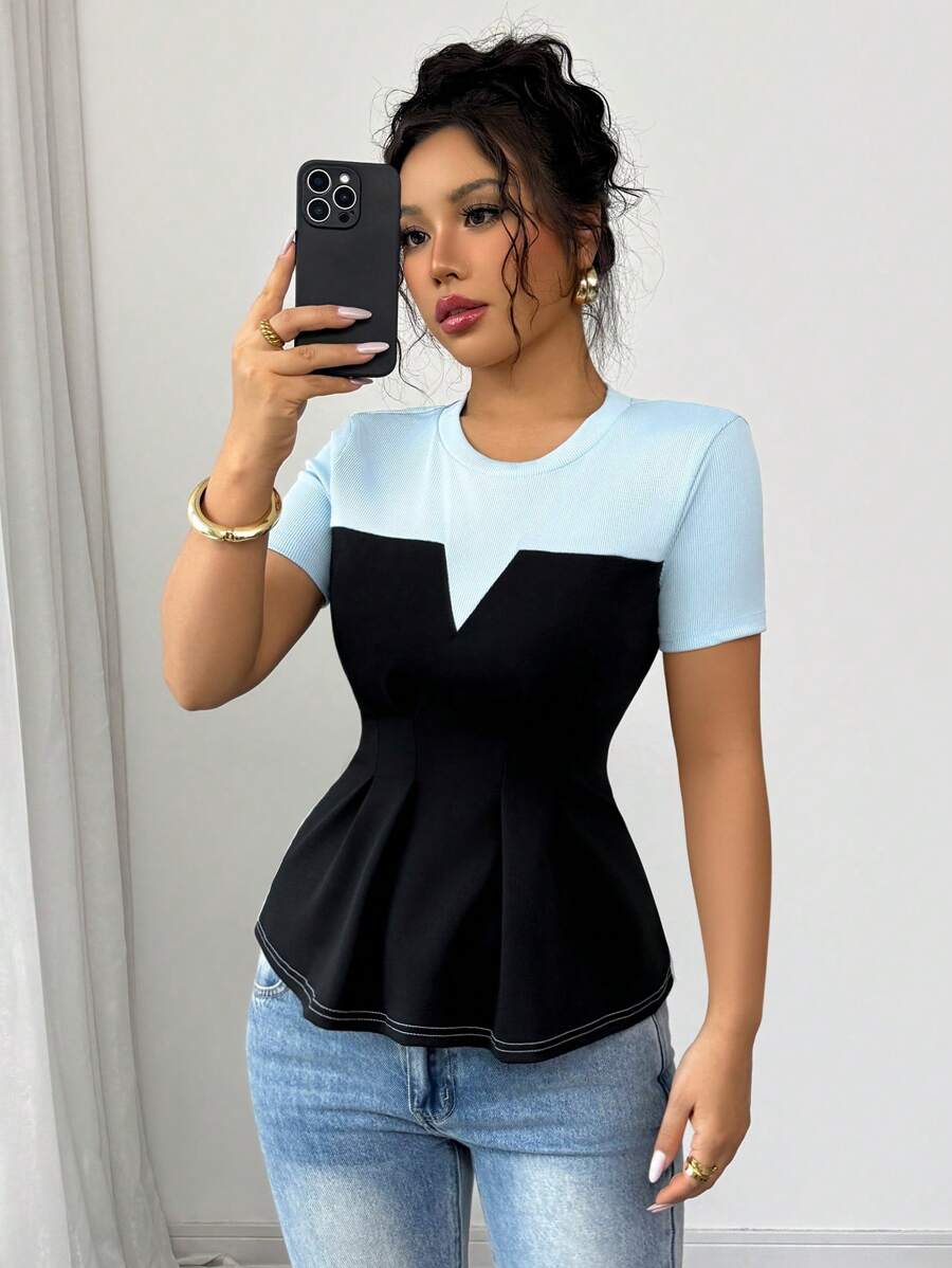 Elenzga 2025 Nieuw Mode Patchwork Ontwerp Taille Cinching Korte Mouw T-shirt