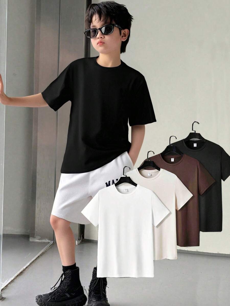 4pcs/Set Tween Boy's Casual Solid Color Crew Neck Short Sleeve T-Shirts, Multi-Pack Suitable For Commuting, Studying, Daily Casual Wear, Sports, Spring/Summer