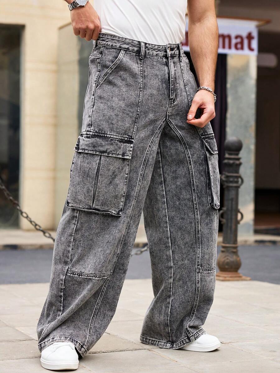 RivetRise Pantalones vaqueros tipo cargo para hombres de pierna ancha, casual y versátil, con ajuste holgado