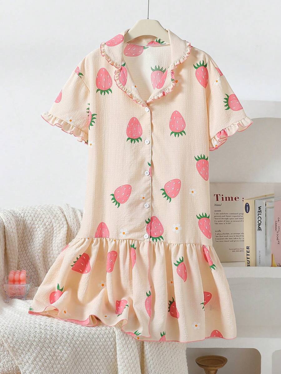 Camisón largo de manga corta y ropa de descanso con base negra minimalista y estampado de corazón rosa para niñas