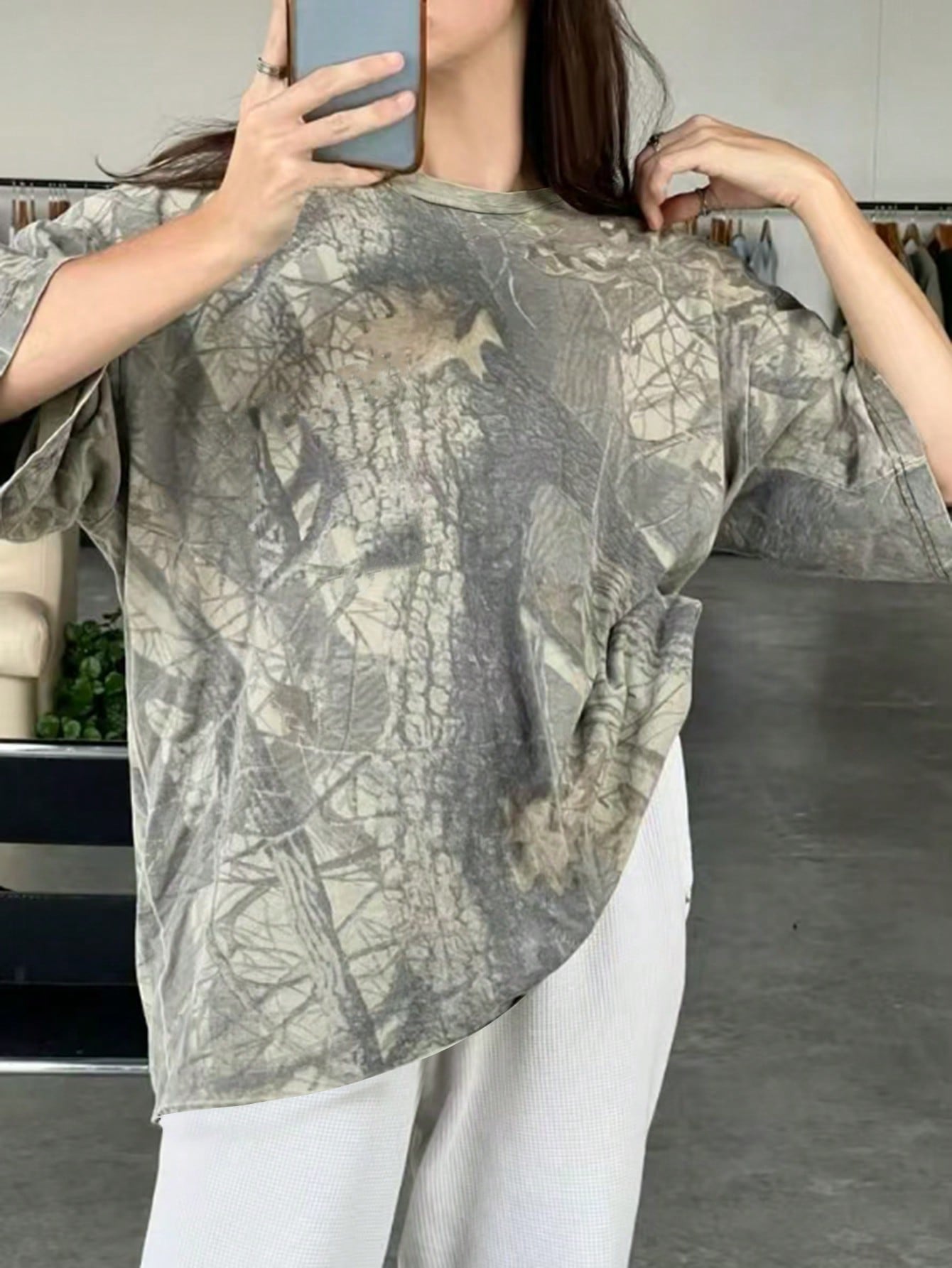 INAWLY Women Loose Branch Print Round Neck Drop Shoulder Casual T-Shirt