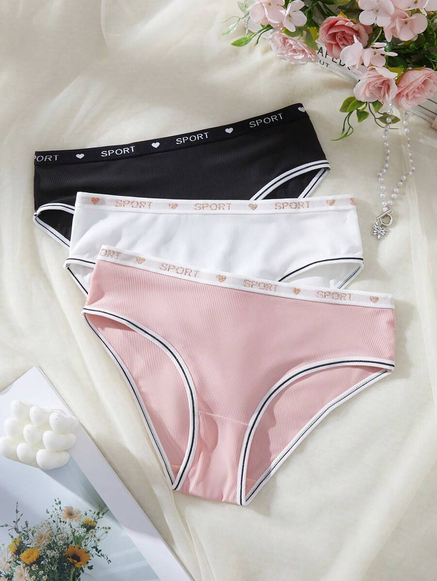 3 pièces/pack Culottes décontractées avec rayures et lettres pour adolescentes