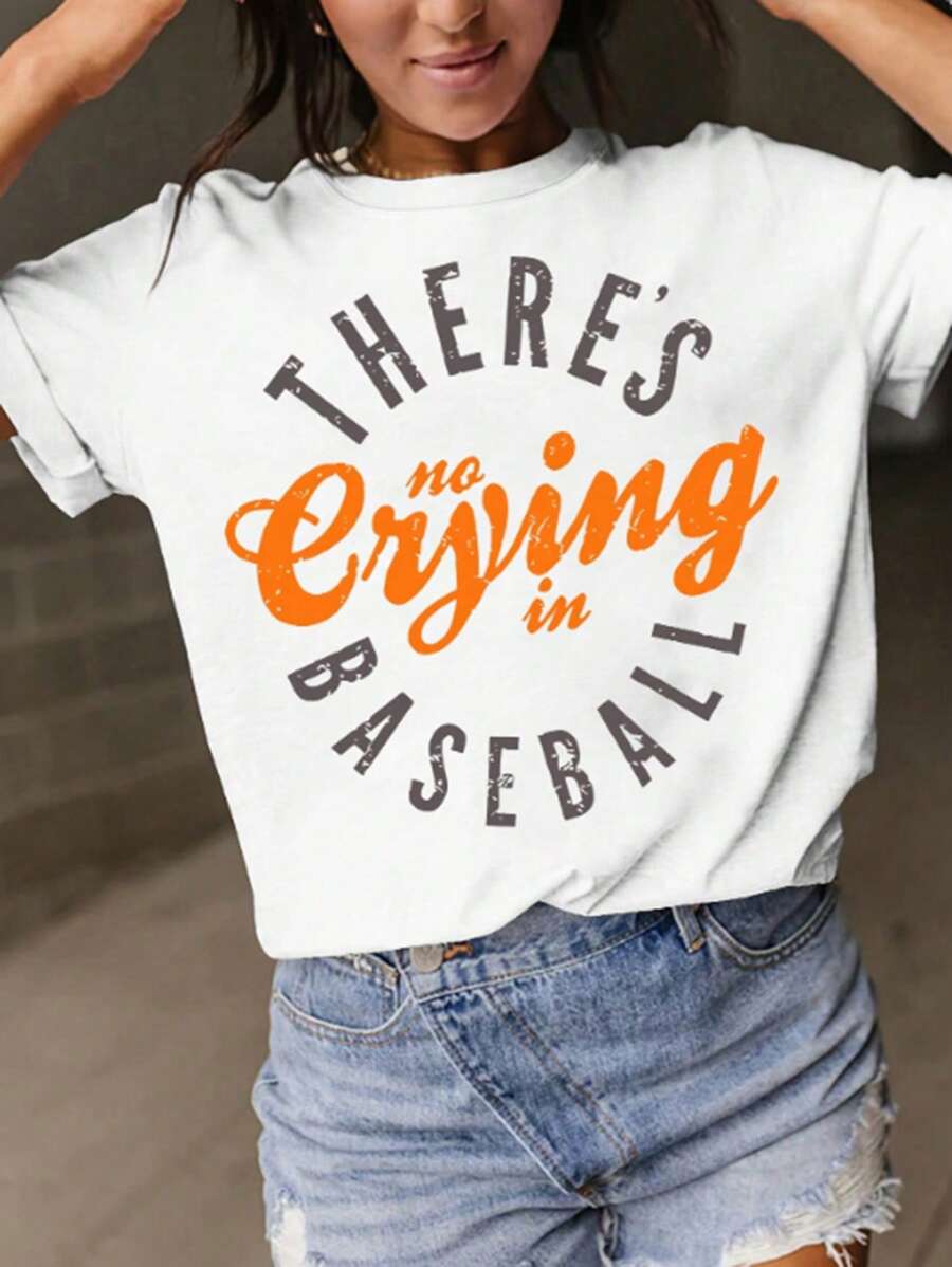 INAWLY Women's Summer Spring Break Slogan Printed Round Neck Short Sleeve T-Shirt, THERE'S No Crying In BASEBALL, Graphic Tee, Women Tops