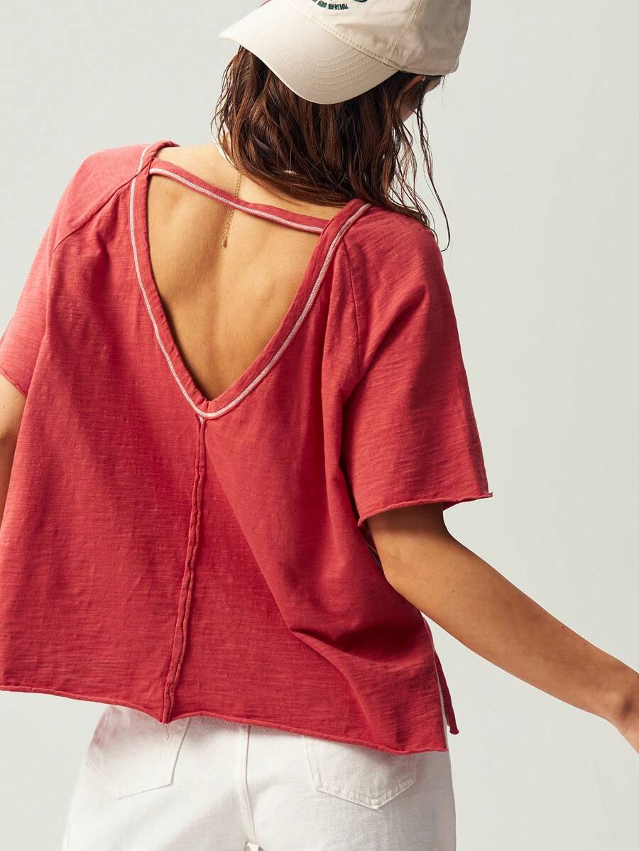 Bohemela BOHO Vacation Solid Color Knit V-Neck Short Sleeve Loose Backless Washed Women T-Shirt