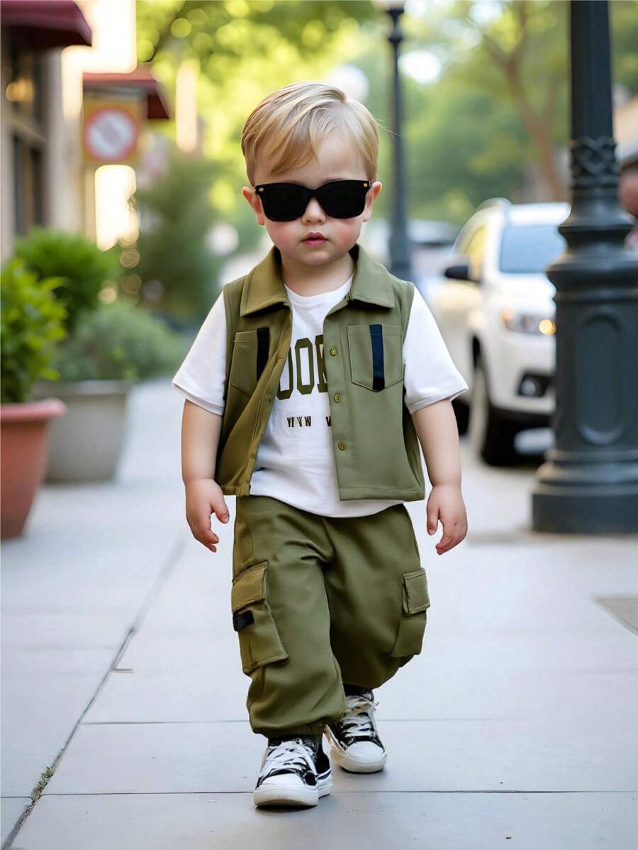 SHEIN 3pcs Baby Kids Letter Print Knit Soft Round Neck Tee Shirt, Elastic Waist Pants And Sleeveless Vest Set