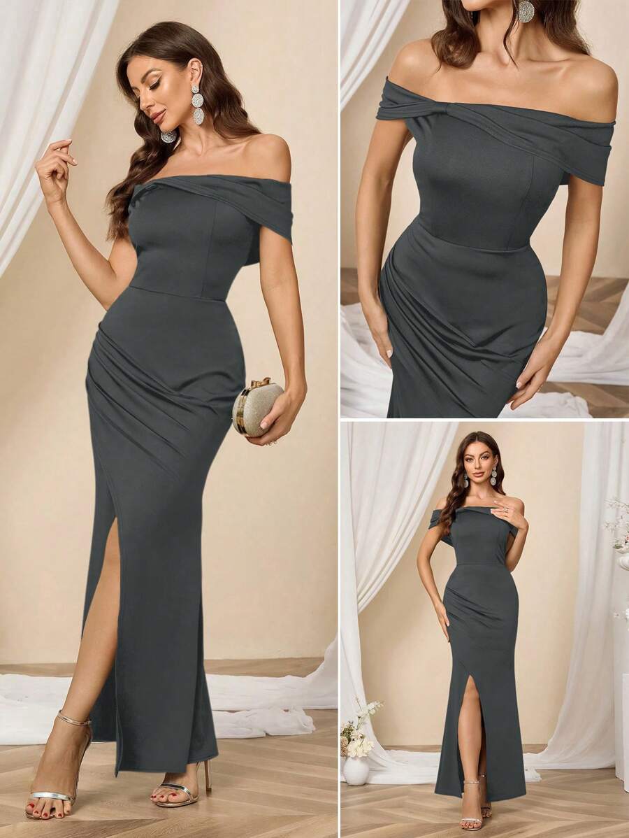 SHEIN Belle Women Solid Color Off-Shoulder Split Hem Elegant Party Dress, Women Elegant Dress, Evening Gown, Wedding Guest Dress, For Cocktail