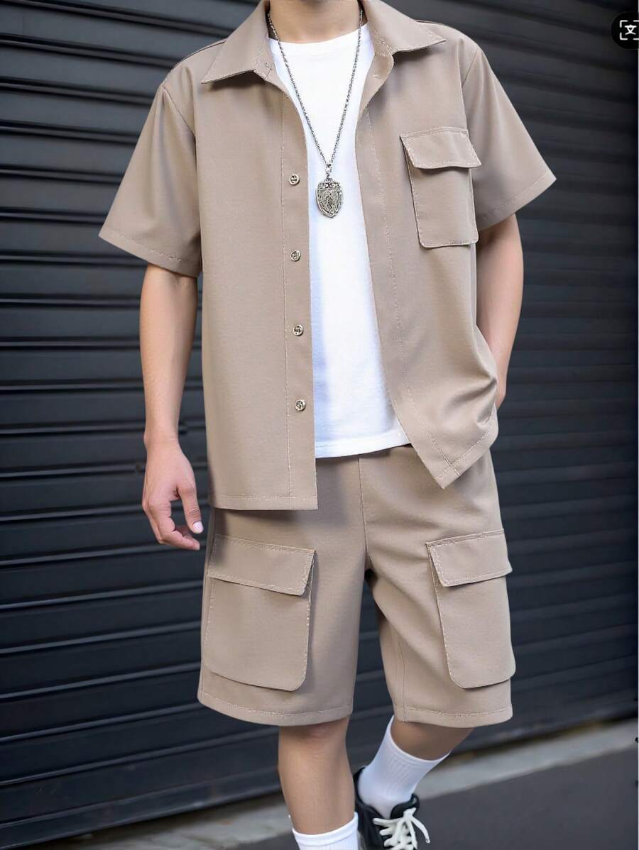 SHEIN Camisa De Manga Corta Para Adolescentes Con Estilo Callejero Y Bolsillo 3d Con Pantalones Cortos