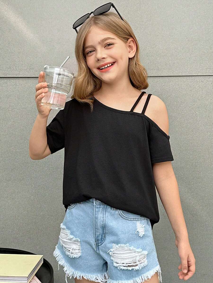 SHEIN Blouse d'une seule épaule à manches courtes en tricot de couleur unie pour fille pré-adolescente, style décontracté de vacances