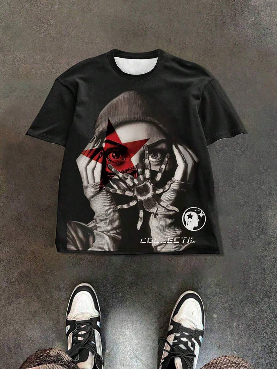 Men's Personalized Street Character Print Round Neck Short Sleeve T-Shirt