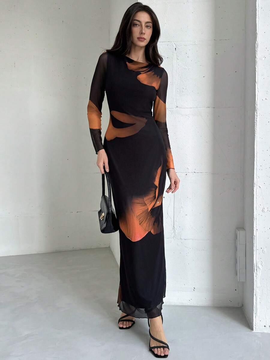 Aloruh Elegant Neck Long Sleeve Autumn/Winter Tie Dye Mesh Print Party Cocktail Dress