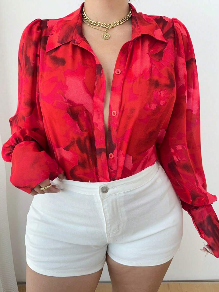 Elenzga Plus Size Bloemen All Over Print Lantaarn Mouw Losse Casual Shirt
