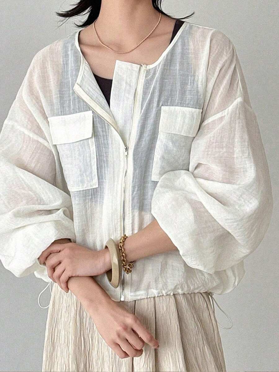 FRIFUL Women's White Loose Linen Blend Jacket, Round Neck Lightweight Long Sleeve Outerwear, Spring & Summer