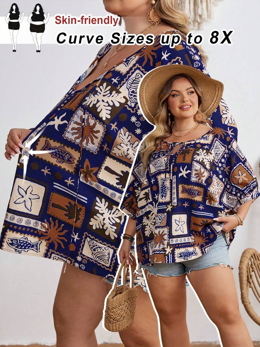 SHEIN CURVE+ Plus Size Women's Front Lace Up Spring/Summer Vacation Printed Shirt With Tie Boho Vacation