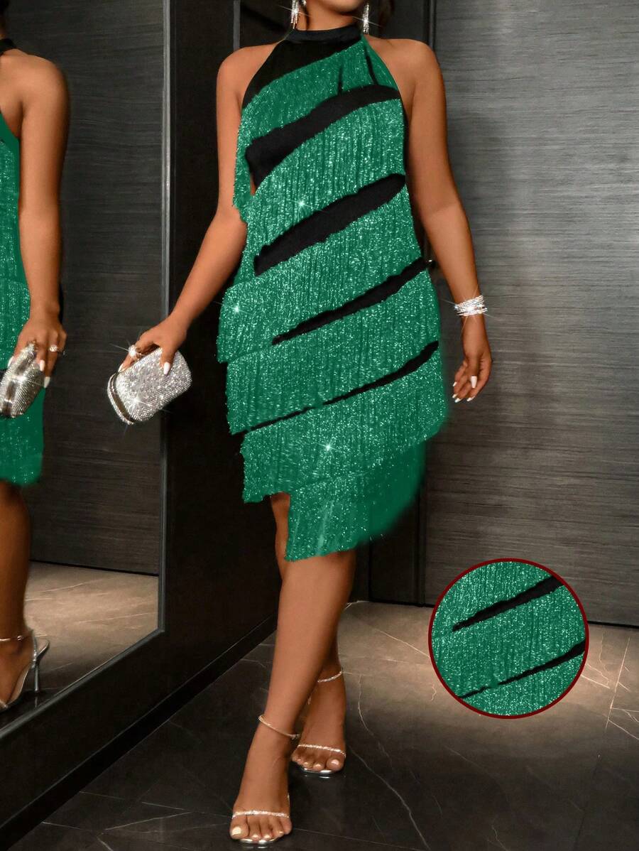 Allurite Plus Size Asymmetrical Color Block Tassel Dress, Suitable For Cocktail Party, Wedding, Evening Gown