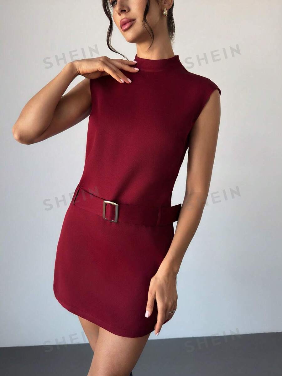 Firerie Vestido nuevo versátil con decoración metálica, manga medio, cintura anudada y diseño de ancla en color rojo