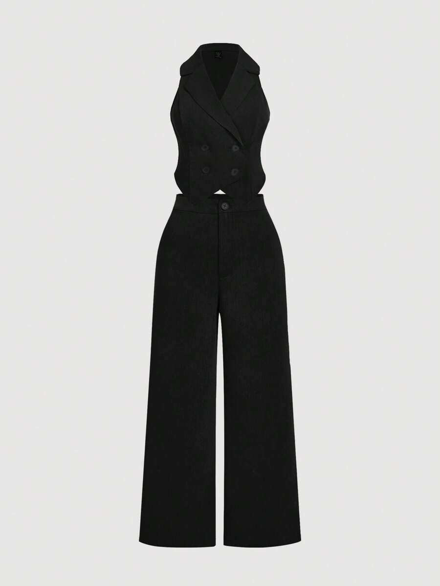 SHEIN MOD Elegantes Büro-/Lässig-Set mit Wende-Kragen Weste und Hose, Große Größen, 2-teilig