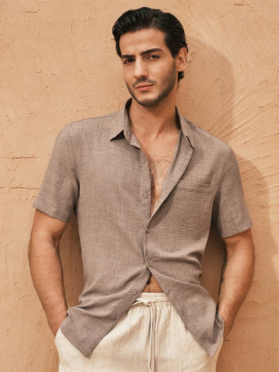 Manfinity VCAY Men's Slim Fit Turndown Collar Short Sleeve Casual Woven Shirt, Summer