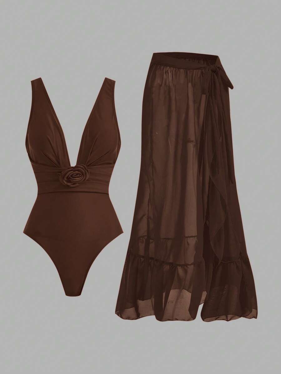 Swim Oasis 1 Set Women 2-In-1 Solid Color 3D Floral Decor One-Piece Swimsuit And Skirt
