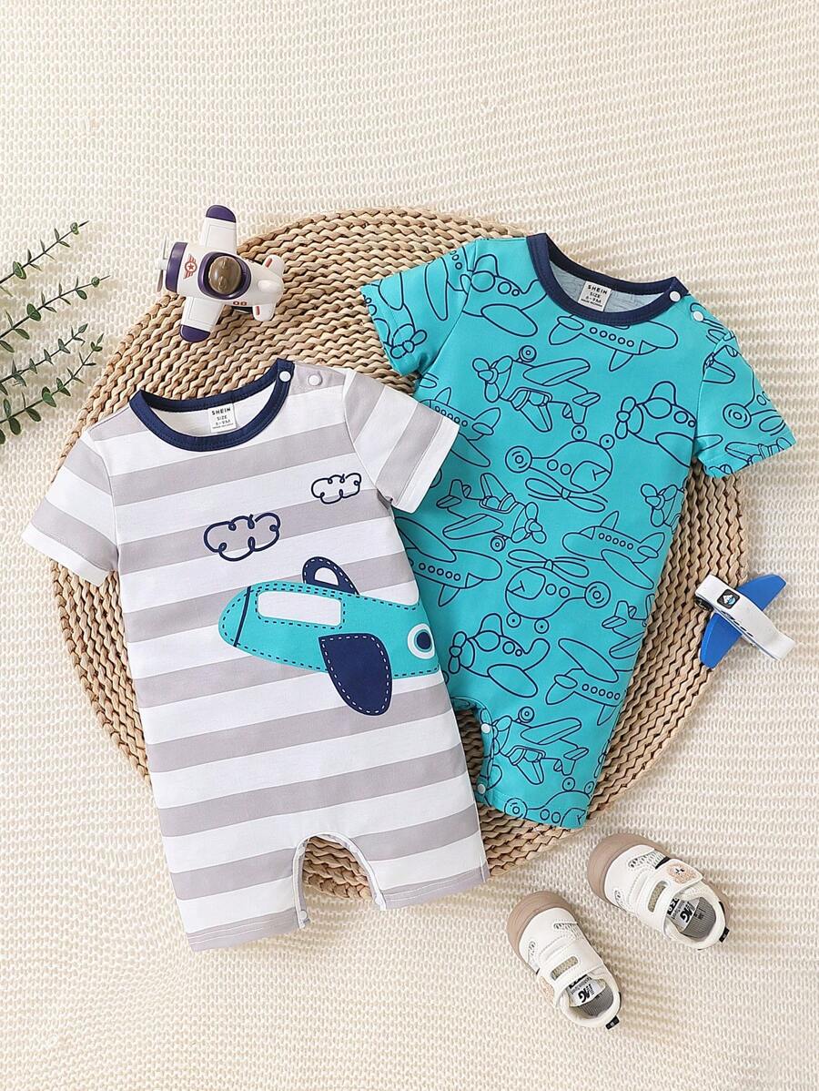 SHEIN 2pcs Set Toddler Boys Casual Cute Cartoon Airplane Vehicle Print Short Sleeve Romper, Suitable For Spring/Summer Outdoor & Daily Wear