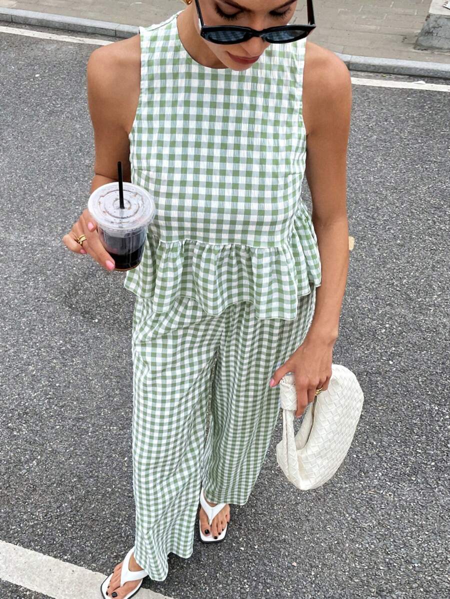 Siren Gaze Conjunto de blusón sin mangas con abertura en la espalda y volantes en el bajo a cuadros verde menta y pantalones anchos, conjunto de dos piezas de estilo boho chic de verano 2025 con tejido transpirable tipo lino para vacaciones, festivales y resorts de playa