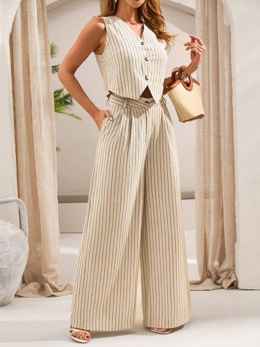 SHEIN Tall Conjunto casual de traje sastre de mujer con chaleco de rayas y pantalones