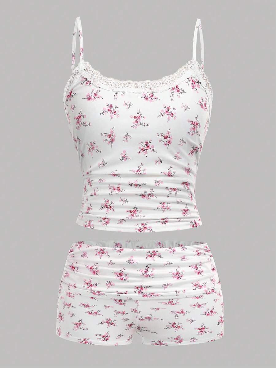 Girlism Teen Girls Spring& Summer,Valentine Day Clean Girl,Cute, Casual Ditsy Floral Ruched Slim Fit Spaghetti Strap Mini Shorts Two Pieces Set,Vintage