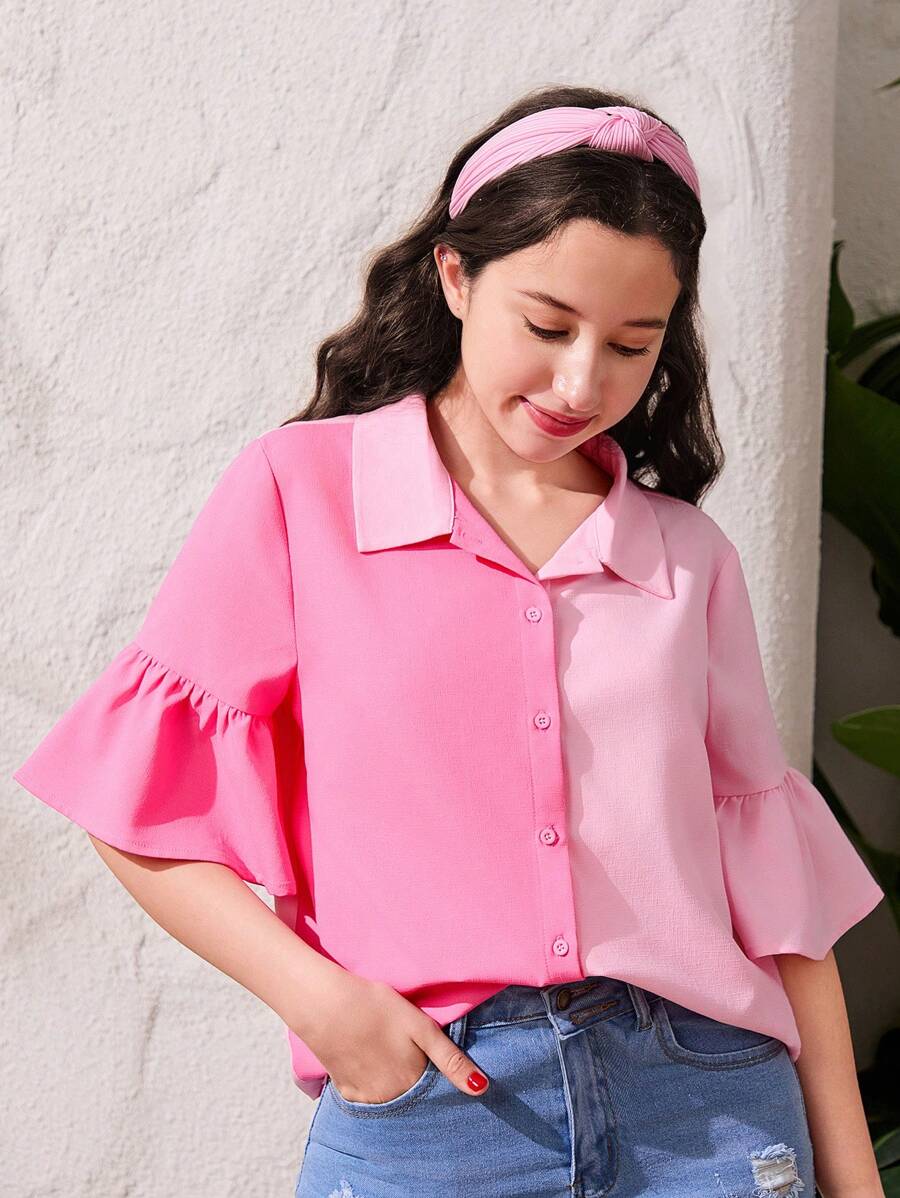 SHEIN Teen Girl Woven Color Block Shirt With Ruffled Collar And Loose Short Sleeves