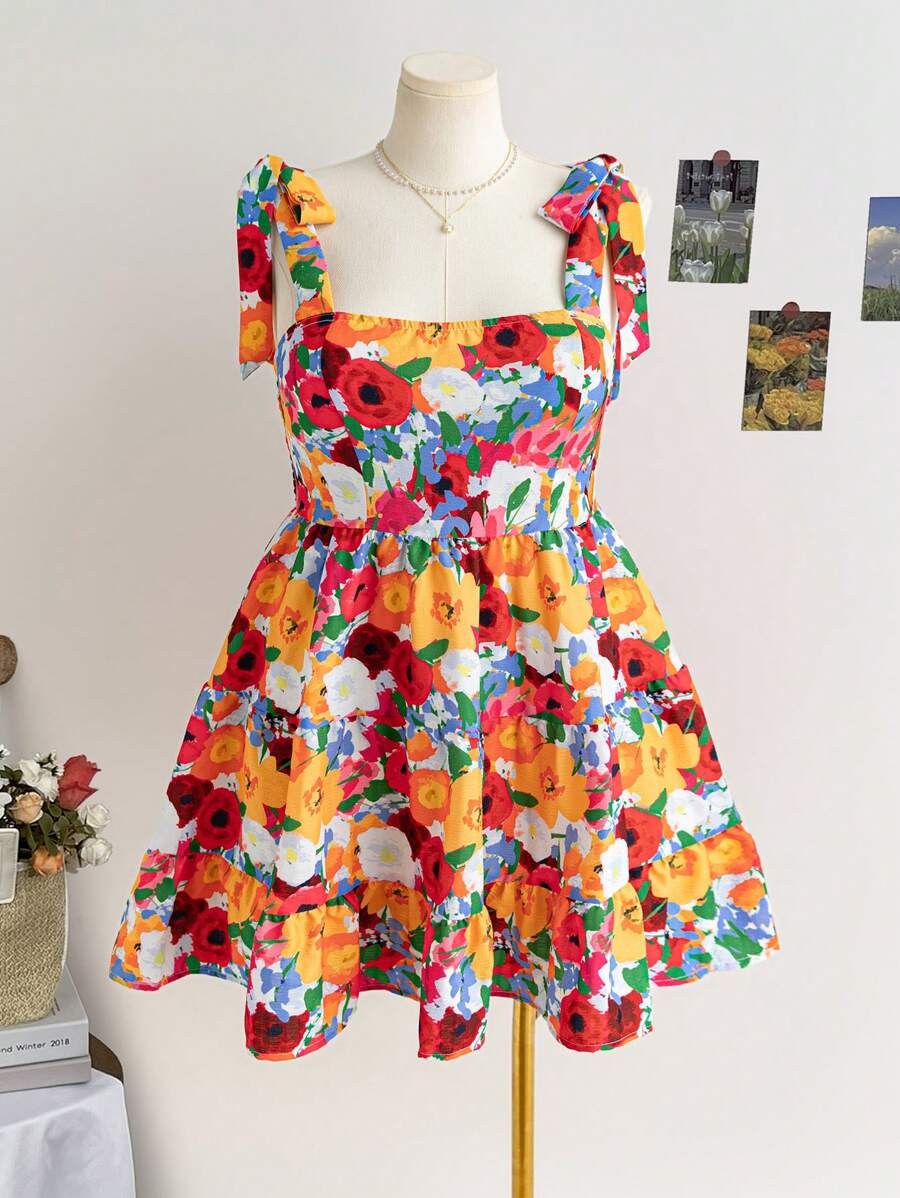 Soleia Plus Size Women Vacation Wide Strap Bow Knot Decor Waist-Cinched A-Line Mini Dress