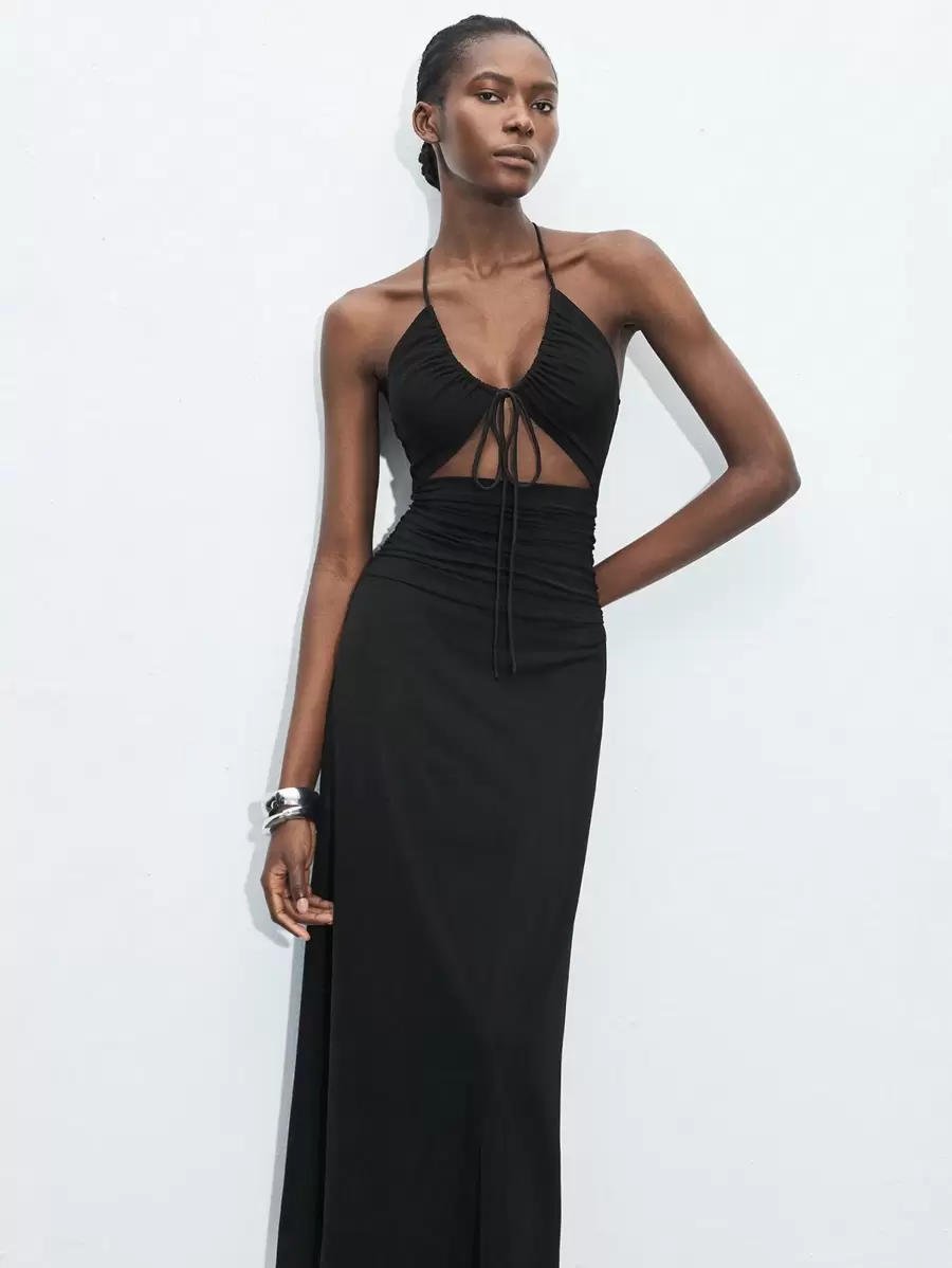 Maija Black Hollow-Out Sleeveless Maxi Dress For Women, Sexy Solid Color Backless Halter Dress, Suitable For St. Patrick's Day, Spring Break, Easter