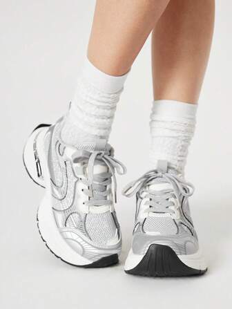 White Chunky Sneakers, Casual Sports Running Shoes, Silver Color Lightweight Comfortable Student Shoes, Women Platform & Thick Bottom Flats