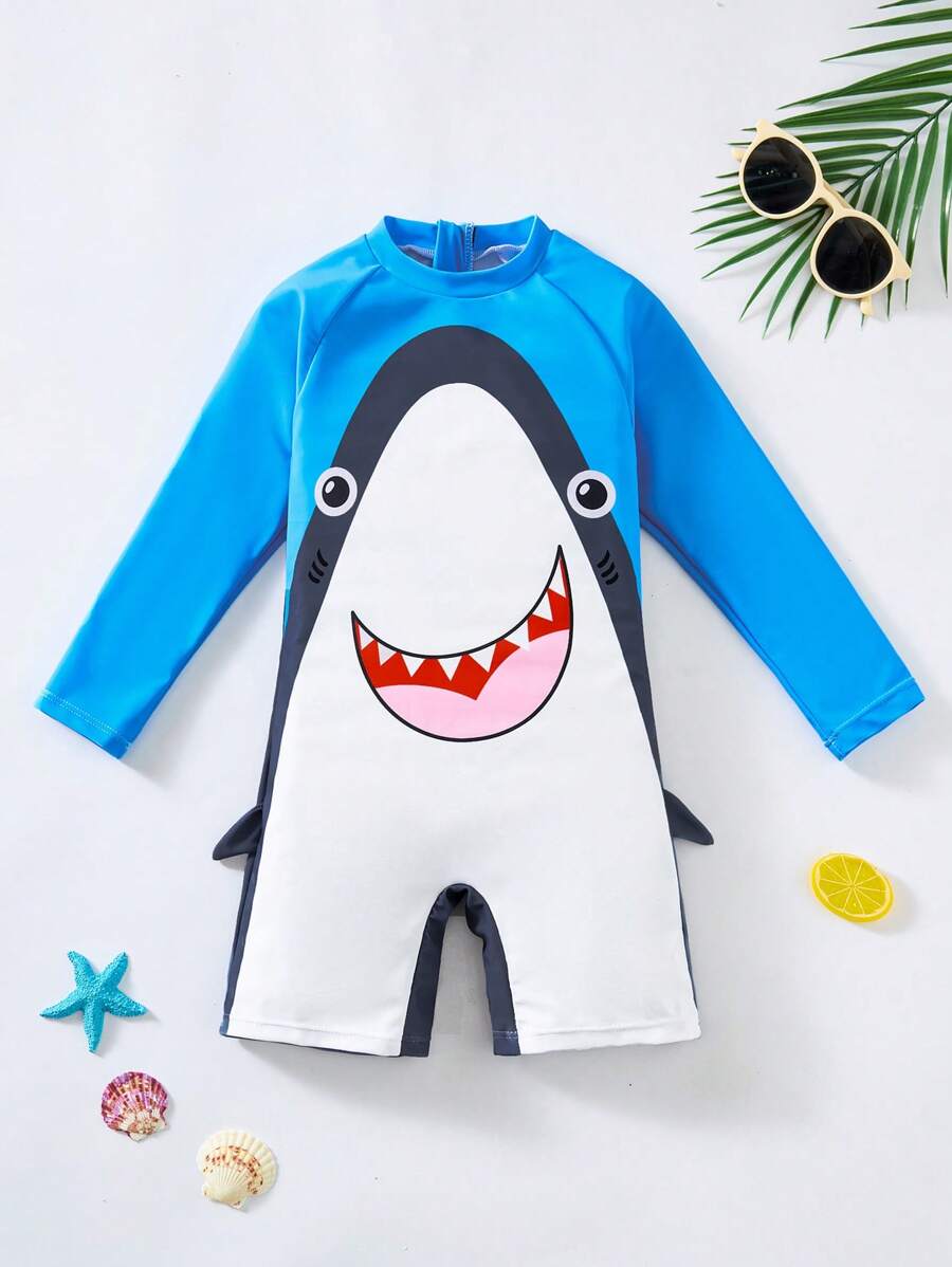SHEIN 1 pezzo Costume da bagno a una pezza con motivo a squali per ragazzo giovane, design a maglia carino e alla moda con pinna dello squalo 3D, per spiaggia, costume da bagno, surf, primavera/estate