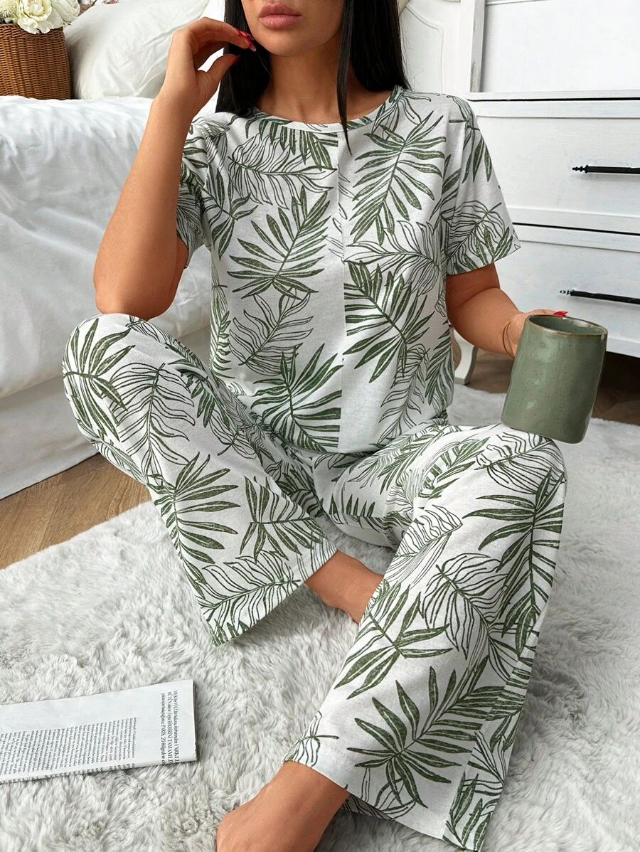 RueChic Conjunto de pijama feminino de algodão com 2 peças e detalhes florais