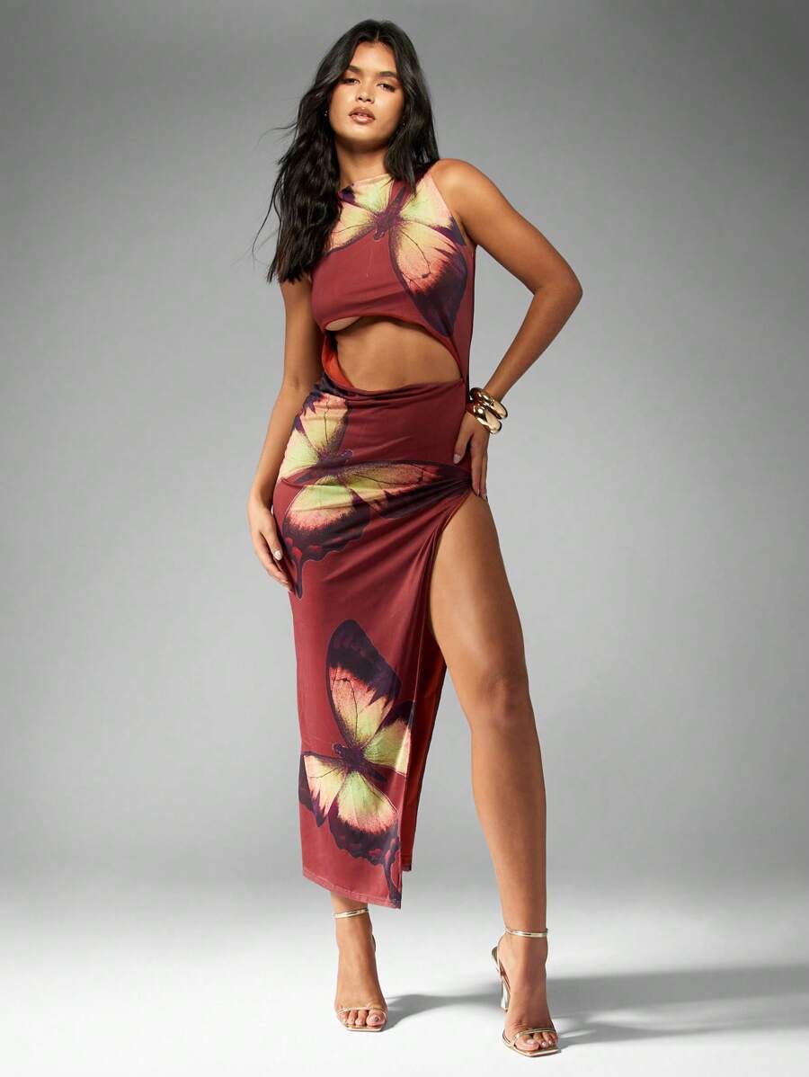 MISSGUIDED Robe longue moulante avec encolure bateau imprimée, taille fendue, dos lacé et fente latérale extrême