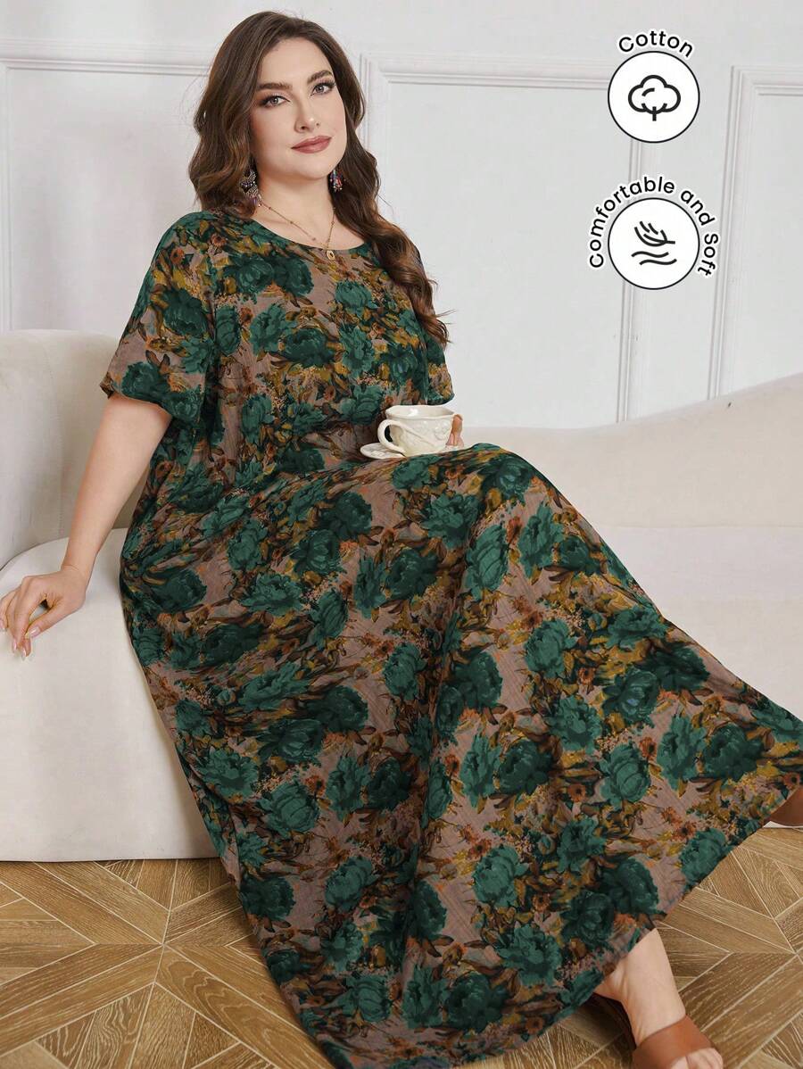 SHEIN Lacomfia Abito casual a fiori con maniche corte, morbido e ampio, taglie forti, adatto per primavera ed estate